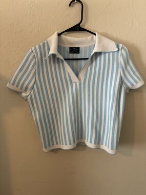 Striped V-Neck Knit Top - Light Blue & White